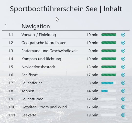 Inhaltsverzeichnis Online-Kurs Sportbootführerschein